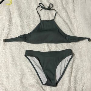 Dark sage green bathing suit, high collar top and coverage for bottoms. Size S